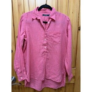 Lauren Ralph Lauren 100% Linen Long Sleeve Half Front Button Shirt Women S Pink